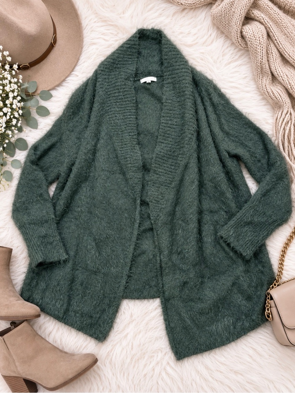 Marcela Eyelash Dark Green Women's Cardigan Sweater
